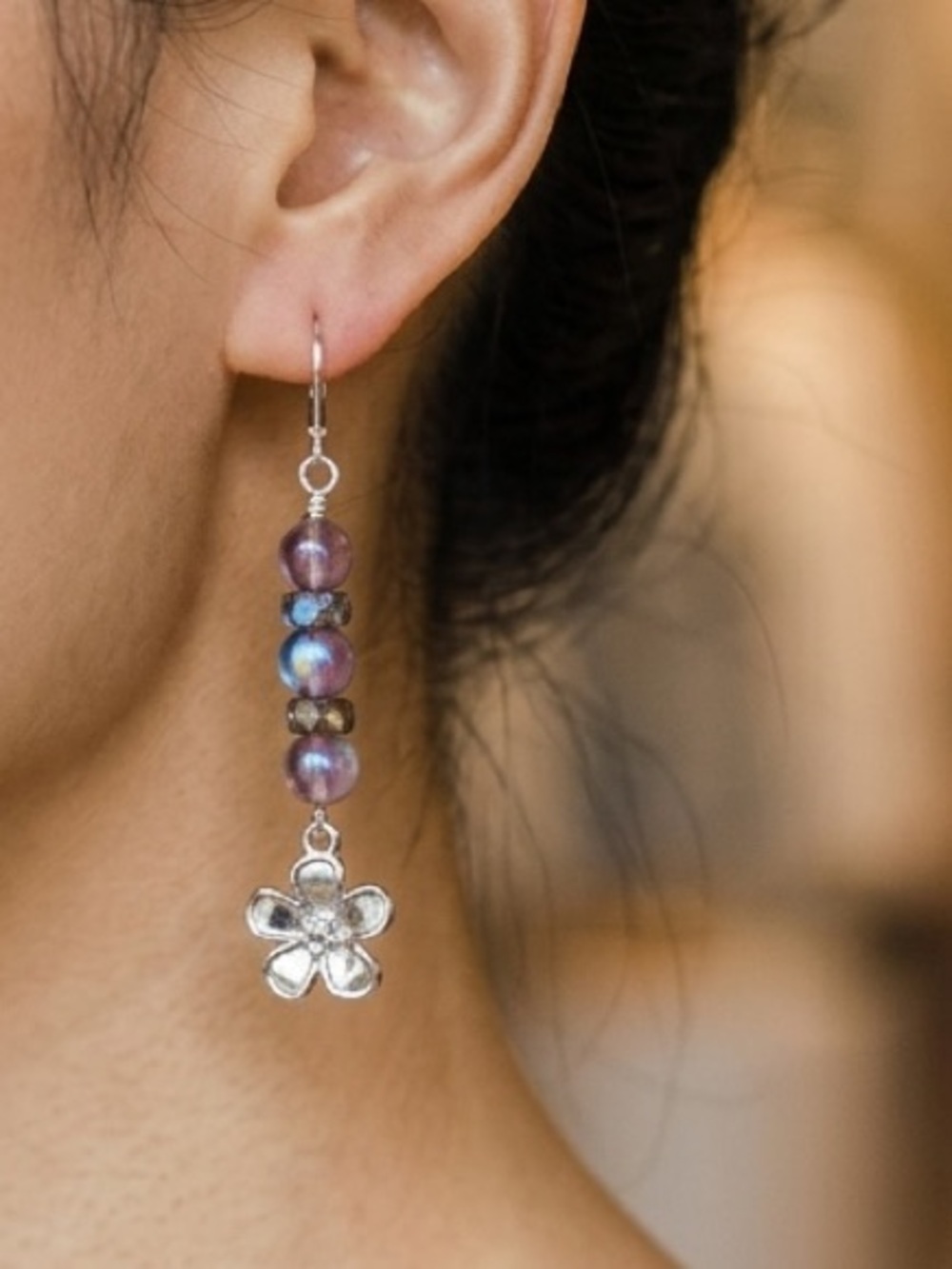 HAND CRAFTED PURPLE CZECH GLASS BEADED FLOWER DROP EARRINGS Silver Floral Dangle - Picture 1 of 9